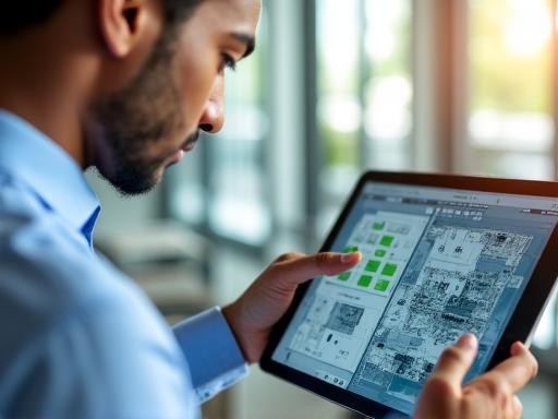 Professional architect using a tablet showing real-time AI drafting checks