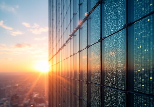 Modern building exterior with transparent photovoltaic glass windows