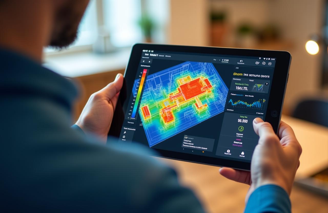 A sleek dark-mode tablet interface displaying real-time architectural thermal heat maps and AI energy predictions